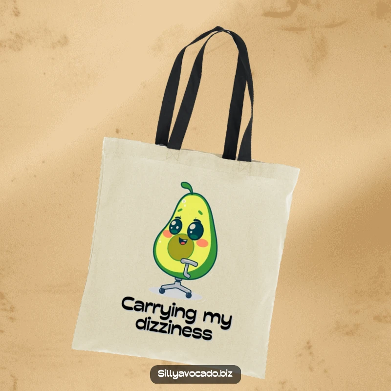Funny dizzy avocado character spinning in a tiny office chair, perfect for carrying daily items, on a durable tote bag.
