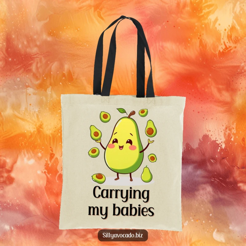 Funny tote bag showcasing a smiling avocado with legs, cheerfully juggling miniature avocados, perfect for carrying groceries.